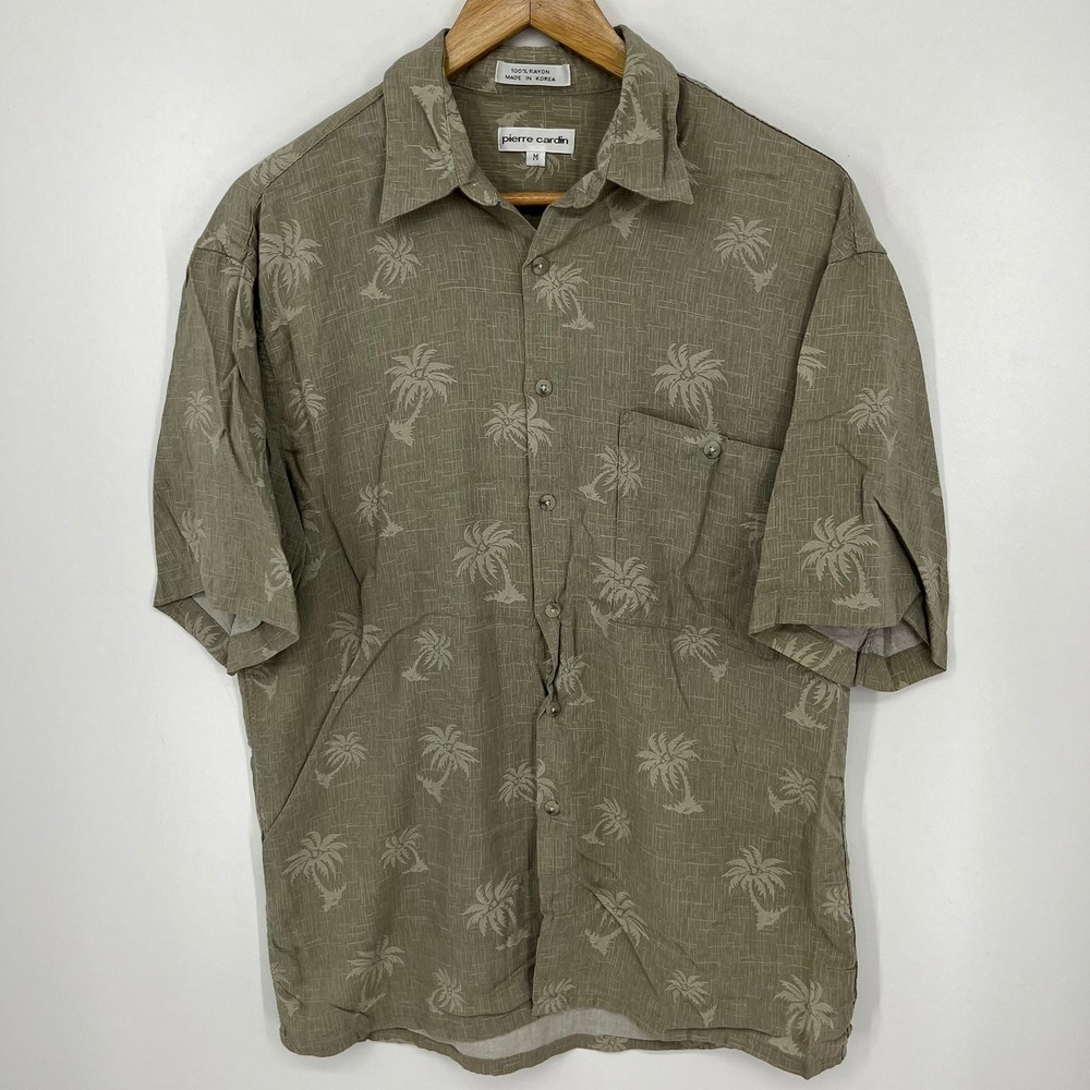 Pierre Cardin Mens Medium Brown Palm Tree Print Rayon Short Sleeve Button Up